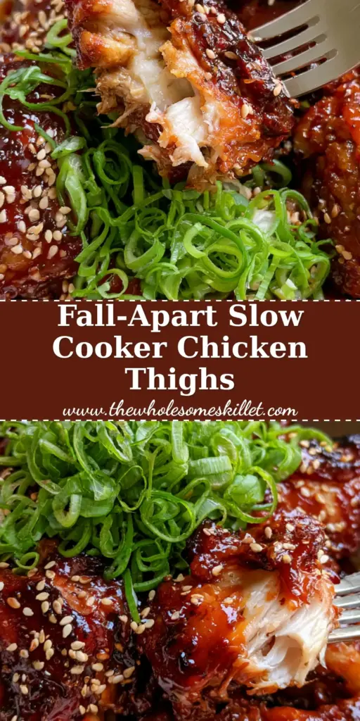 A white ceramic bowl filled with glossy dark mahogany glazed slow cooker chicken thighs topped with sesame seeds and curly scallions.