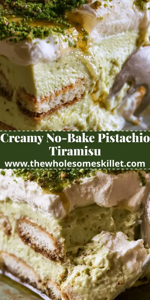 A thick square slice of pistachio tiramisu showing distinct layers of espresso ladyfingers and green mousse. (pistachio tiramisu)