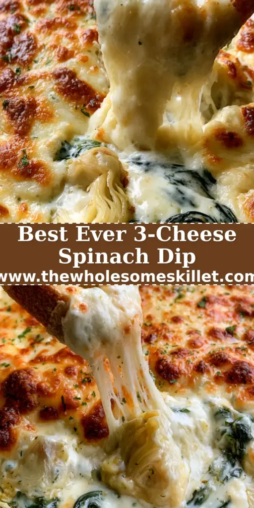 Spinach Artichoke Dip with a Bubbly Golden Mozzarella Crust 4 Overhead shot of bubbling spinach artichoke dip in a white dish with a sourdough bread cheese pull.
