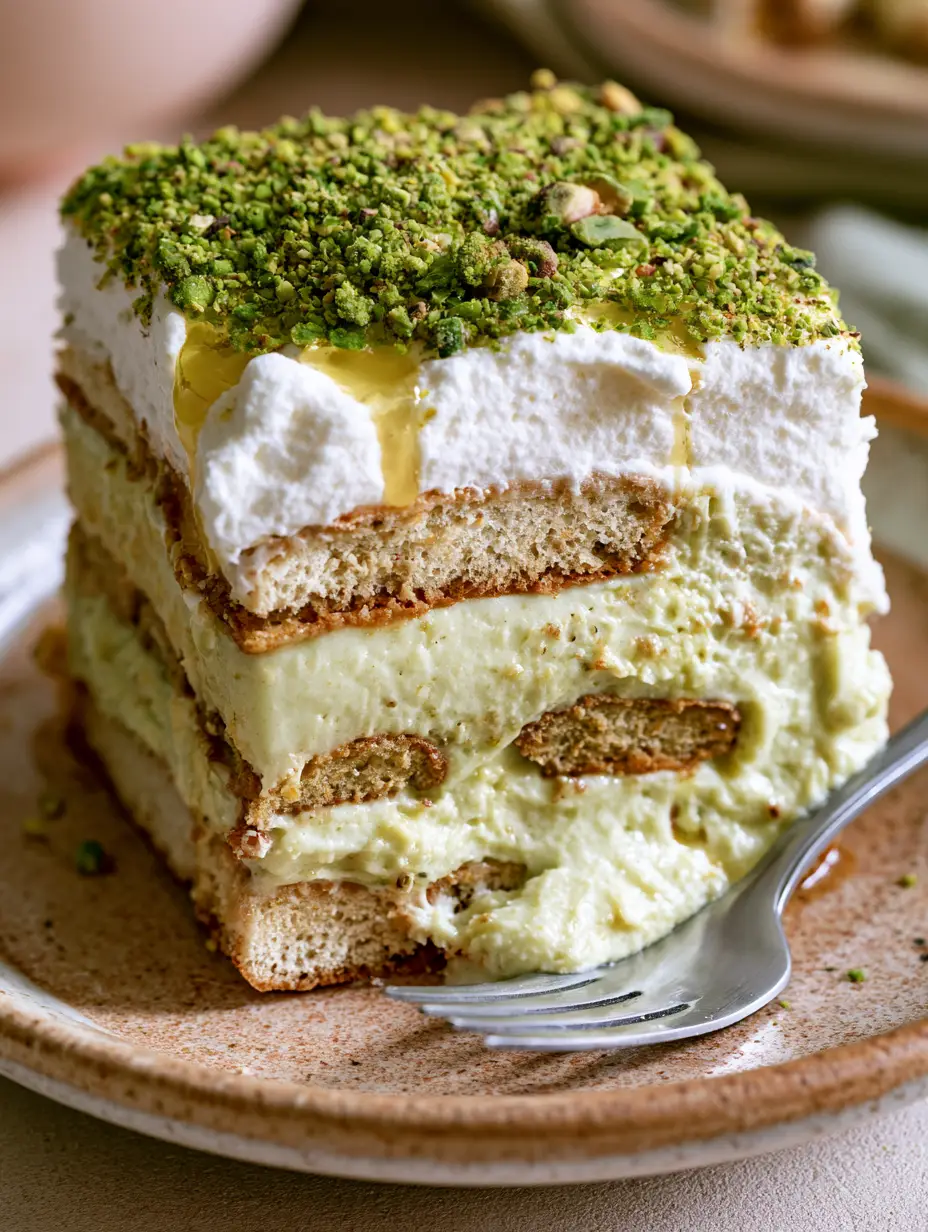 Extreme macro close-up of a silver fork digging into a pistachio tiramisu slice with crushed Sicilian nuts. (pistachio tiramisu)
