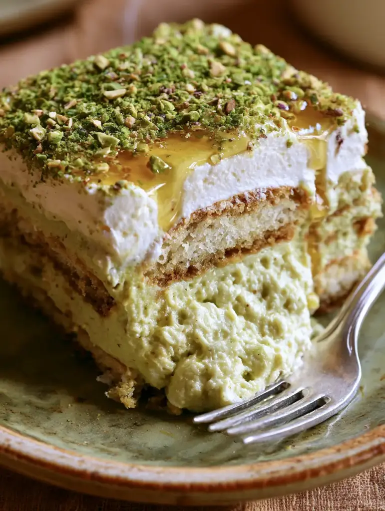 A side view of pistachio tiramisu on a rustic ceramic plate showing the pale green mascarpone layer. (pistachio tiramisu)