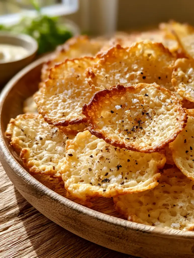 Close-up of cottage cheese chips on a wooden plate showing air bubbles and browned edges. (cottage cheese chips)