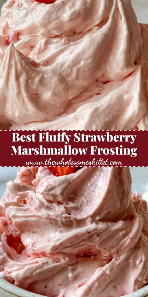 A massive swirl of pale pink strawberry marshmallow frosting in a white bowl with a fresh halved strawberry garnish.