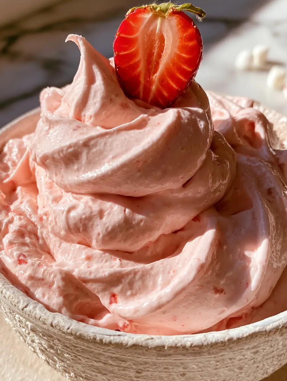 Detailed texture of glossy strawberry marshmallow frosting showing tiny fruit bits and vanilla specks.