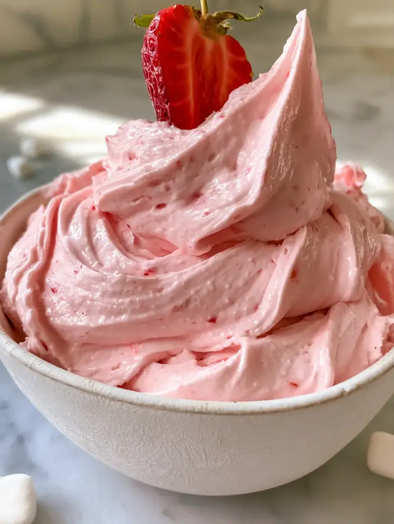 Sun-drenched kitchen scene with a white ceramic bowl filled with pink strawberry marshmallow frosting on a marble counter.