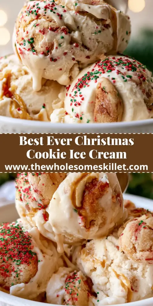 A close-up shot of Christmas cookie ice cream in a white bowl with red and green sprinkles and a silver spoon.