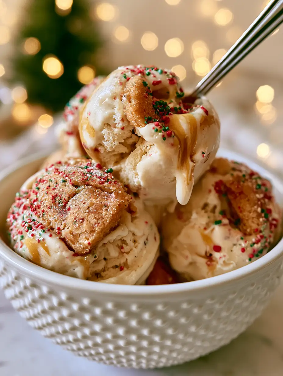 Extreme macro close-up of velvety vanilla christmas cookie ice cream with golden cookie butter swirls and sugar cookie chunks.