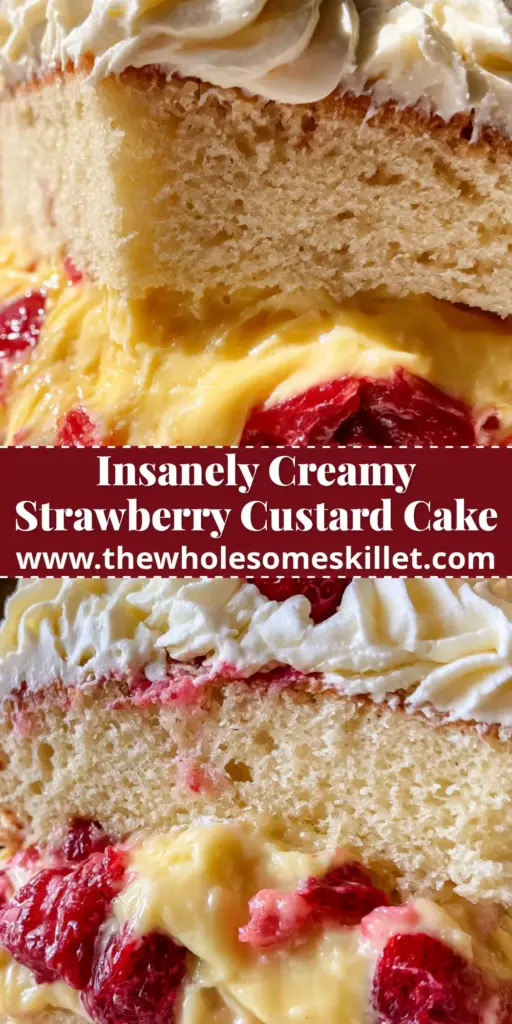 A tall slice of strawberry custard cake with two vanilla sponge layers, oozing pastry cream, and whipped cream swirls.