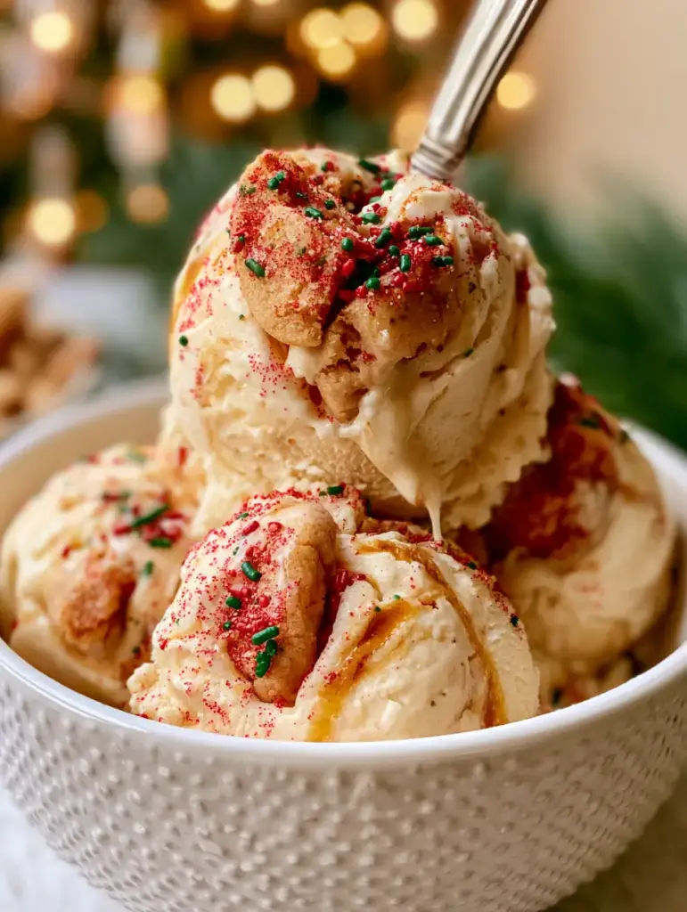 Three scoops of Christmas cookie ice cream in a ceramic bowl on a rustic wood table with holiday fairy lights.