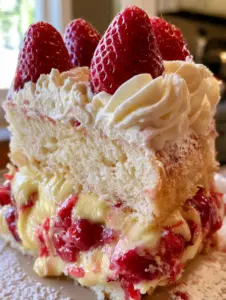 Close-up handheld photo of strawberry custard cake showing the thick oozing pastry cream center. (strawberry custard cake)