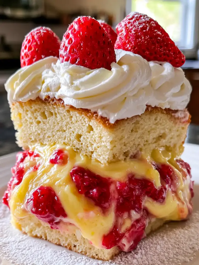 A slice of strawberry custard cake decorated with white whipped cream swirls and fresh strawberry halves.