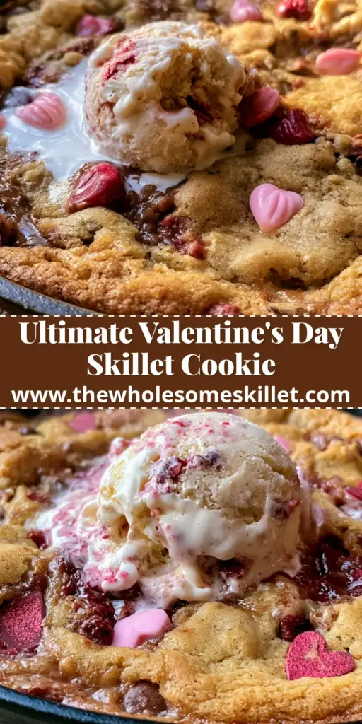 Chocolate Chip Pizookie: The Ultimate Gooey Skillet Cookie Recipe 4 A warm chocolate chip pizookie in a cast iron skillet topped with melting vanilla bean ice cream and pink chocolate hearts. (chocolate chip pizookie)