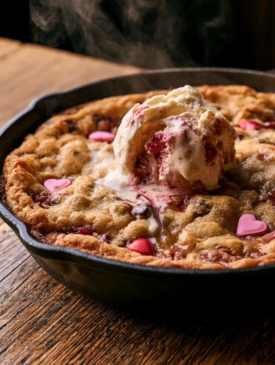 Chocolate Chip Pizookie: The Ultimate Gooey Skillet Cookie Recipe 3 Macro photo of a chocolate chip pizookie with golden edges, melting ice cream, and festive pink hearts. (chocolate chip pizookie)