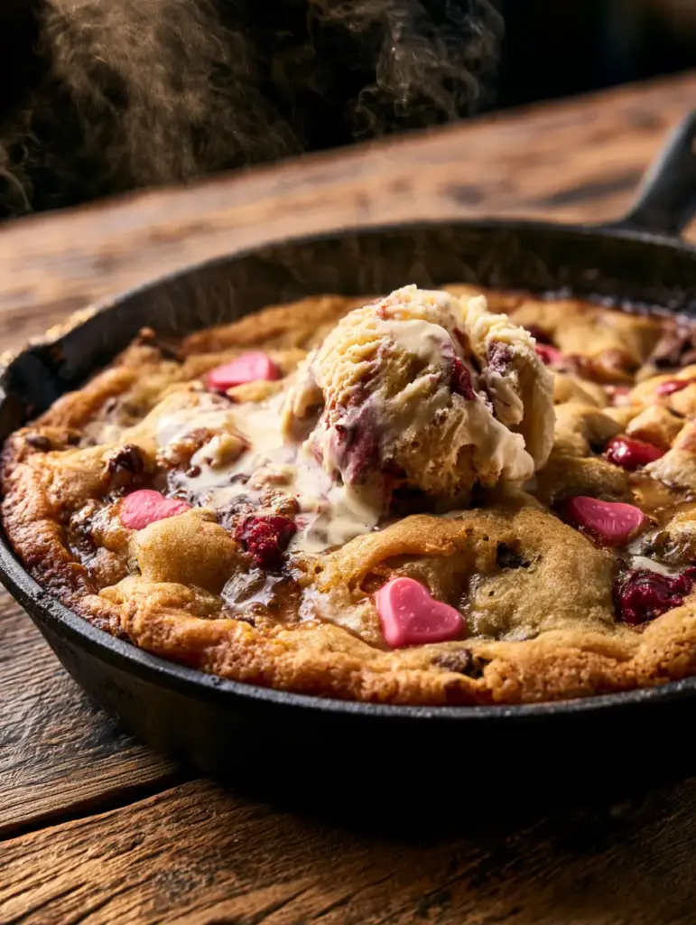 Chocolate Chip Pizookie: The Ultimate Gooey Skillet Cookie Recipe 1 A giant warm skillet cookie on a rustic wooden table with soft afternoon lighting.