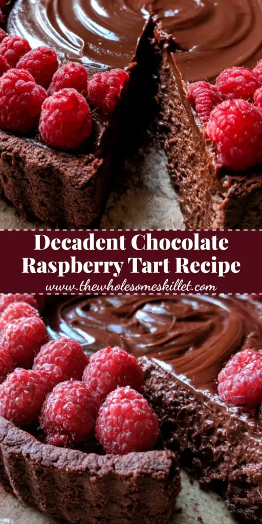 A handheld smartphone photo of a gourmet chocolate raspberry ganache tart on a rustic marble countertop with a slice pulled away.