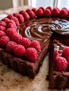 Close-up of the swirling mirror-glossy dark chocolate ganache and vibrant red raspberries on a dark cocoa shortcrust.