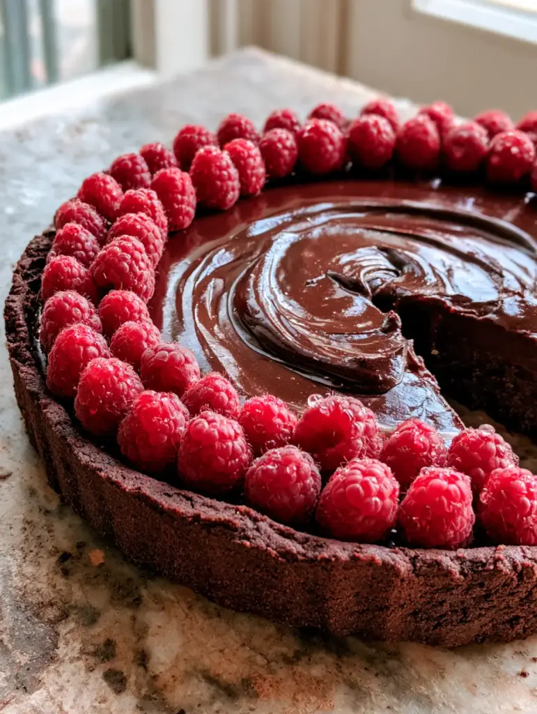 A gourmet chocolate raspberry ganache tart featuring edible gold leaf specks and powdered sugar dusting.