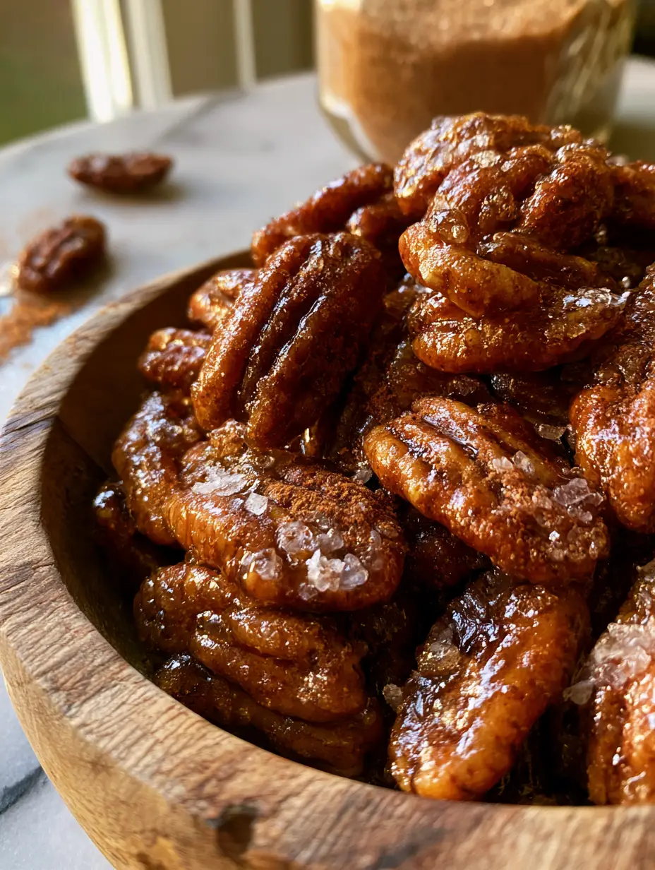 Glazed Praline Pecans: The Ultimate Southern-Style Candied Nut Recipe 3 A handheld smartphone photo showing a pile of freshly made glazed praline pecans on a marble surface next to a glass jar.