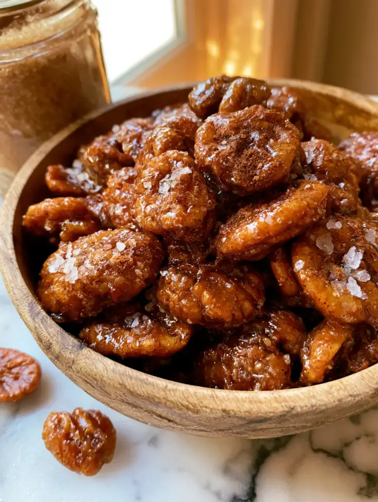 Glazed Praline Pecans: The Ultimate Southern-Style Candied Nut Recipe 1 Detailed shot of glazed praline pecans with crystals of sea salt and cinnamon dusting in a rustic wooden bowl.