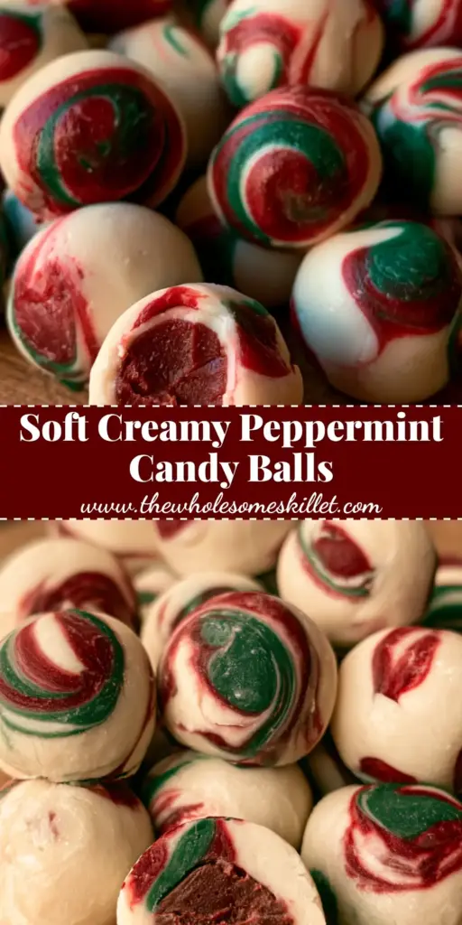 A heap of hand-marbled peppermint meltaways with red and green swirls on a rustic wooden board. (peppermint meltaways)