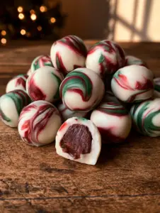 Close up of soft, velvety peppermint meltaways with vibrant forest green and deep red swirls. (peppermint meltaways)