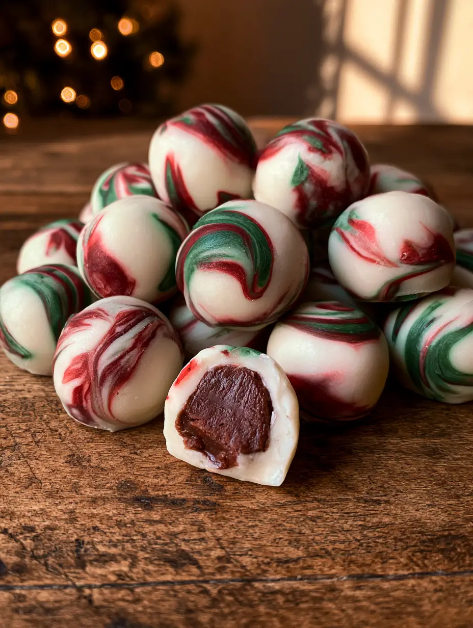 Close up of soft, velvety peppermint meltaways with vibrant forest green and deep red swirls. (peppermint meltaways)