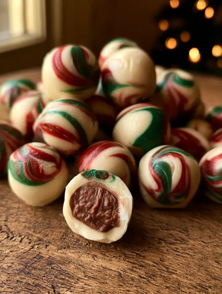 A peppermint meltaway split open to reveal a rich, dense, fudge-like interior. (peppermint meltaways)