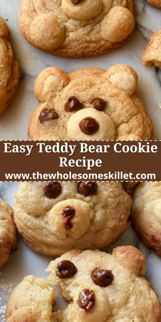 A tray of golden brown teddy bear cookies with chocolate chip eyes and large chocolate morsel paws on a kitchen counter.