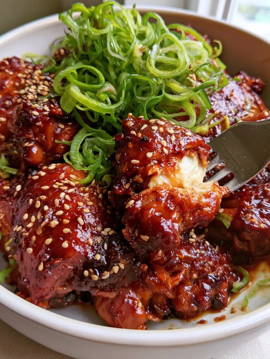 Close up handheld photo of tender mahogany glazed slow cooker chicken thighs being lifted by a silver fork.