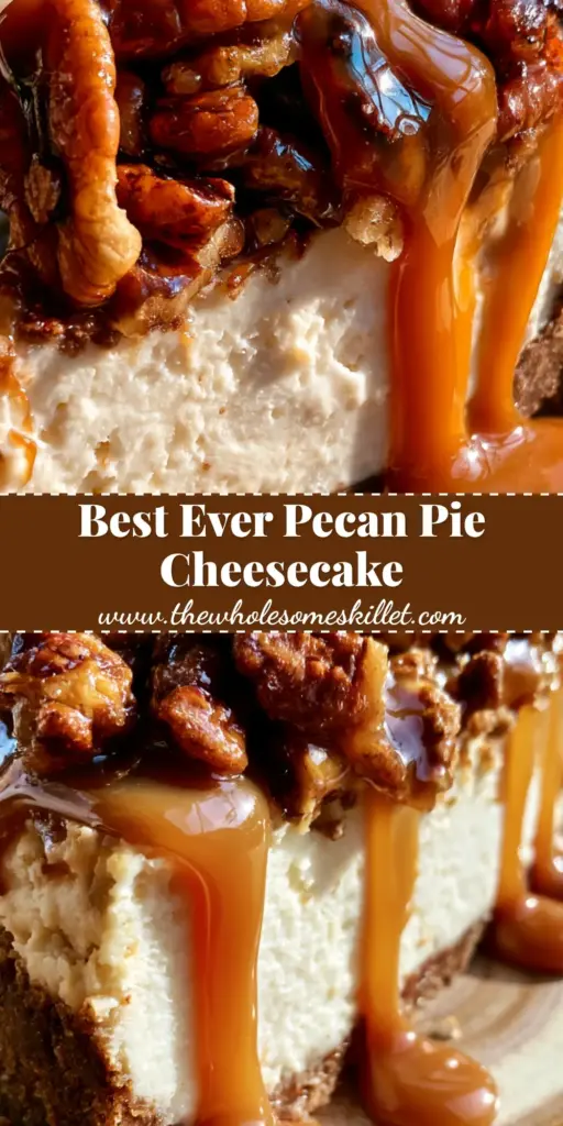 A close-up shot of a thick slice of pecan pie cheesecake with glossy caramel sauce and whole pecans on a rustic plate. (pecan pie cheesecake)