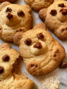 Smartphone photo of teddy bear cookies on a marble countertop with a sprinkle of flour and chocolate chips. (teddy bear cookies)