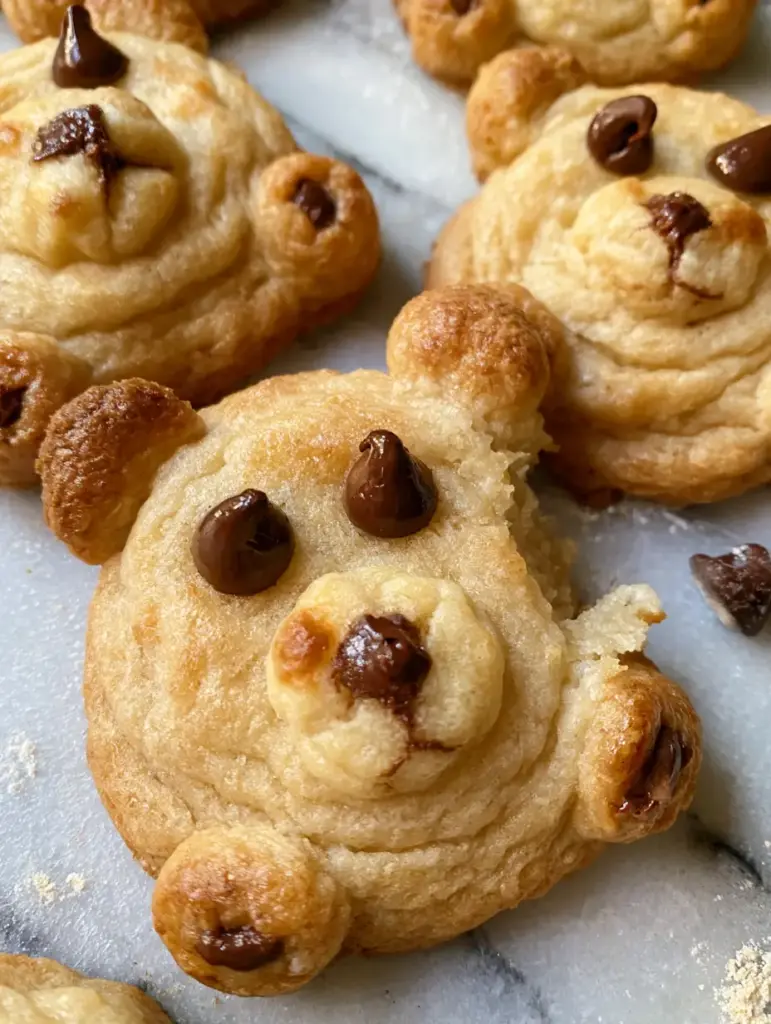 A close-up of teddy bear cookies showing the soft chewy interior of a broken cookie.
