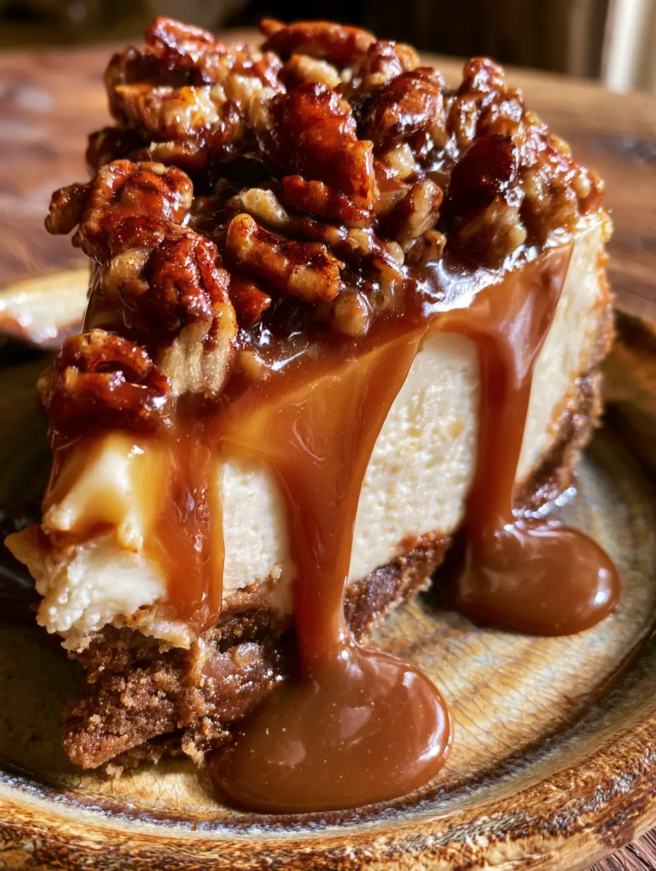 Smartphone photo showing the velvety white dense center and dark brown crust of a pecan pie cheesecake slice. (pecan pie cheesecake)