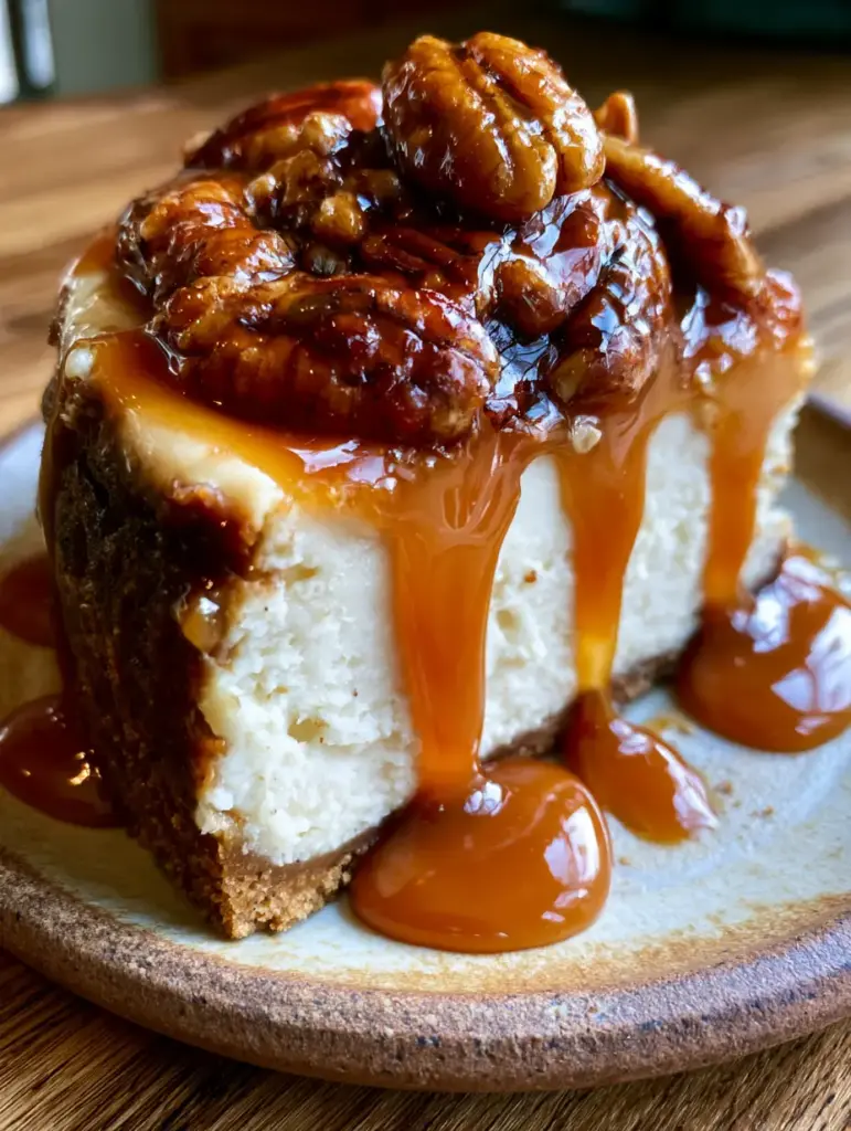Rustic ceramic plate featuring a thick slice of pecan pie cheesecake with amber caramel dripping down the sides.