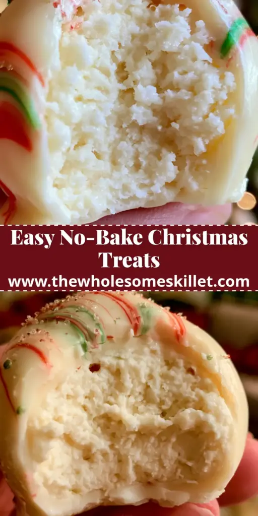Cheesecake Truffles with Festive Christmas Drizzles 4 A stack of festive cheesecake truffles with white chocolate coating and red and green holiday drizzles.