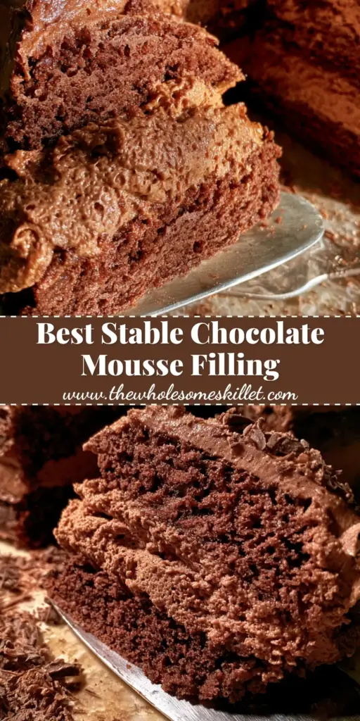 A tall decadent chocolate layer cake with thick aerated chocolate mousse cake filling, served on a marble counter with chocolate curls.