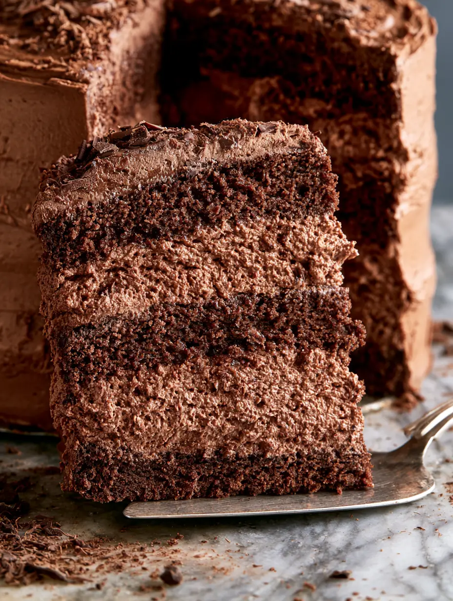 Extreme close-up of a chocolate mousse cake filling showing delicate air bubbles and stable creamy texture between cake layers.