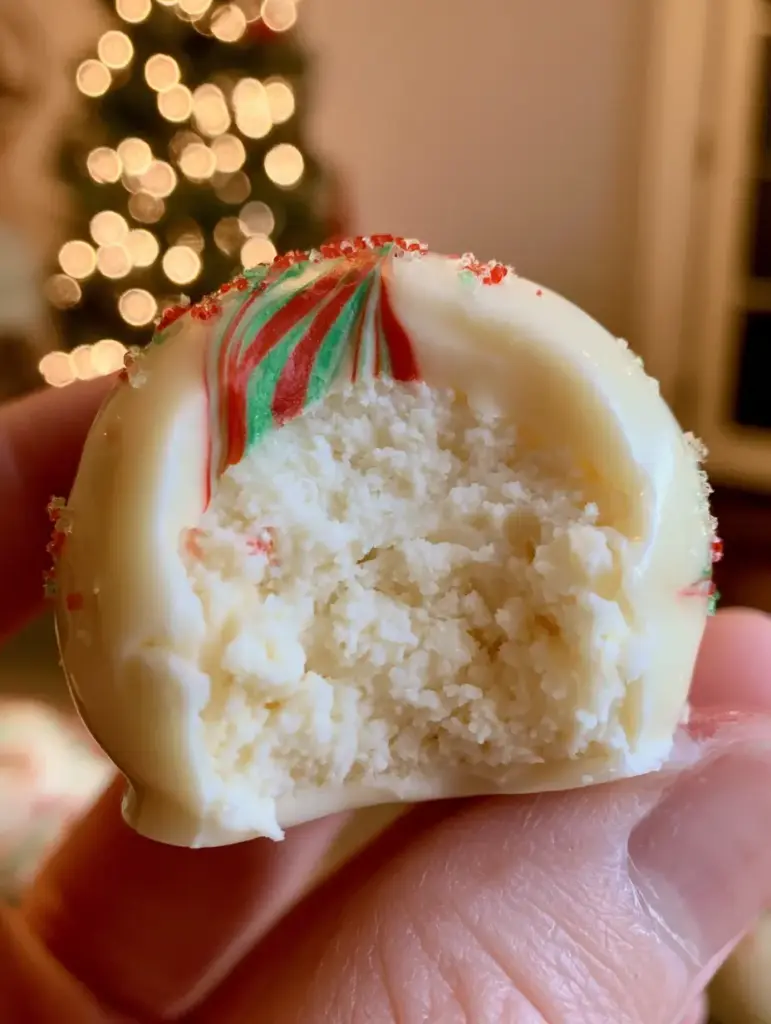 Cheesecake Truffles with Festive Christmas Drizzles 1 A single white chocolate coated cheesecake truffle held against a blurred background of Christmas tree lights.