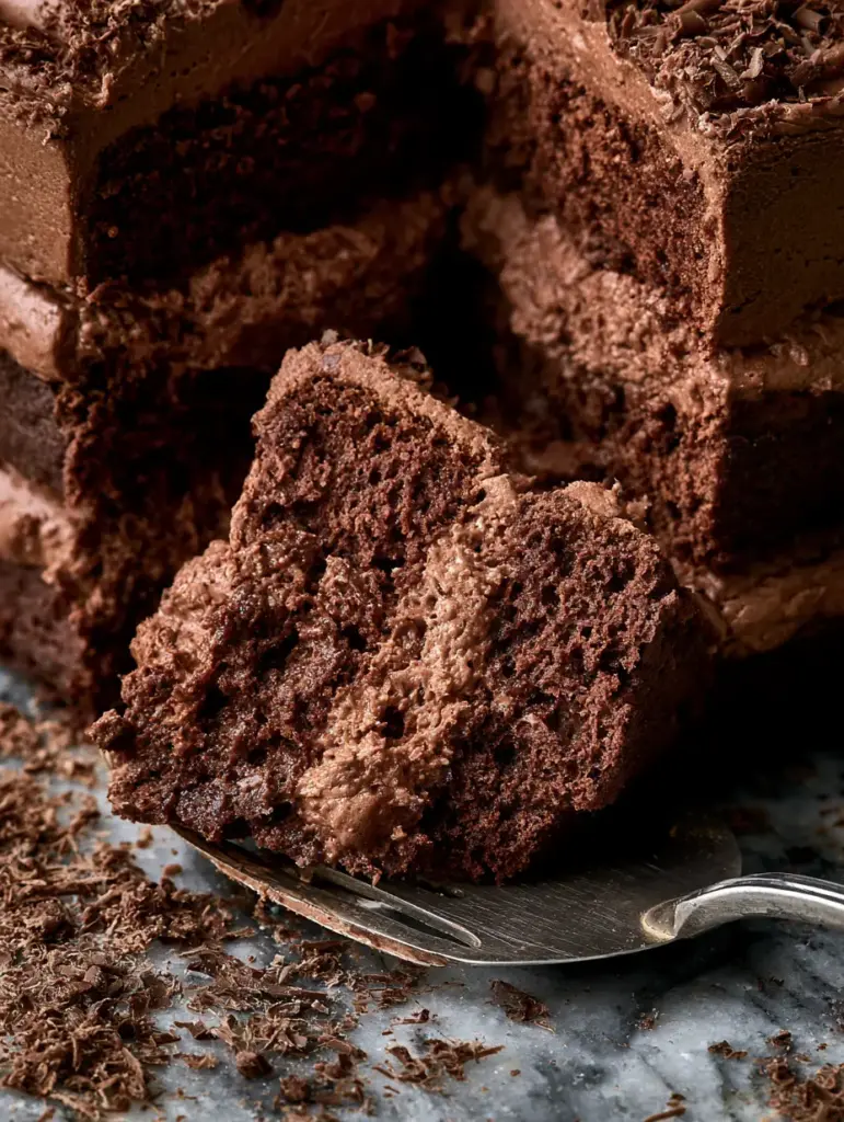 A silver cake server lifting a slice of cake to reveal the thick and stable chocolate mousse cake filling.
