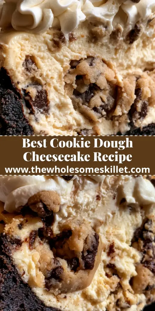 Cookie Dough Cheesecake with a Dark Chocolate Crust 4 A tall slice of cookie dough cheesecake showing the internal layers of dark chocolate crust and dough chunks.