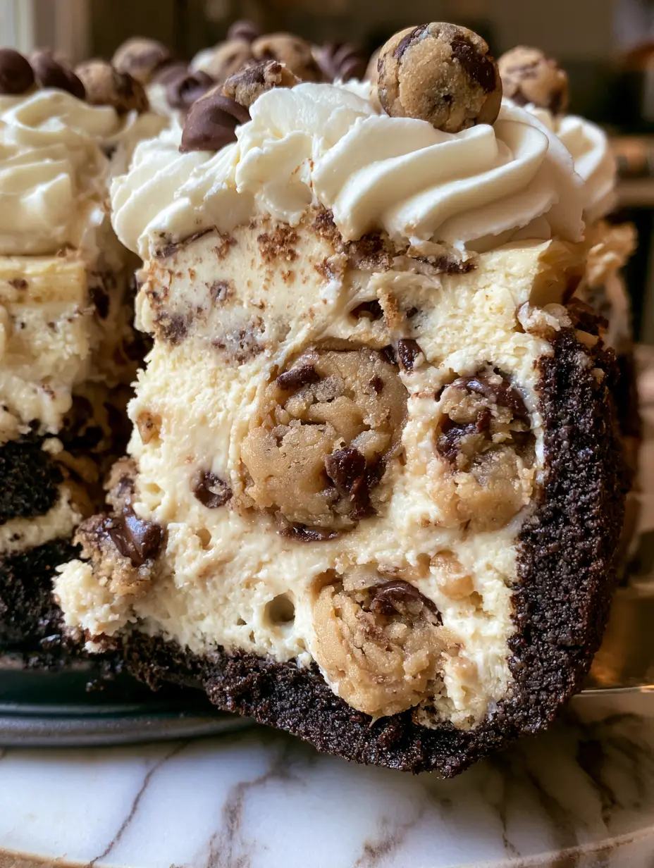 Cookie Dough Cheesecake with a Dark Chocolate Crust 3 A high-angle photo of a luscious slice of cookie dough cheesecake being lifted from a pan. (cookie dough cheesecake)