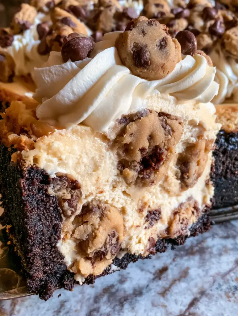 Cookie Dough Cheesecake with a Dark Chocolate Crust 1 Close-up of the dense vanilla filling and dark chocolate crust of a cookie dough cheesecake.