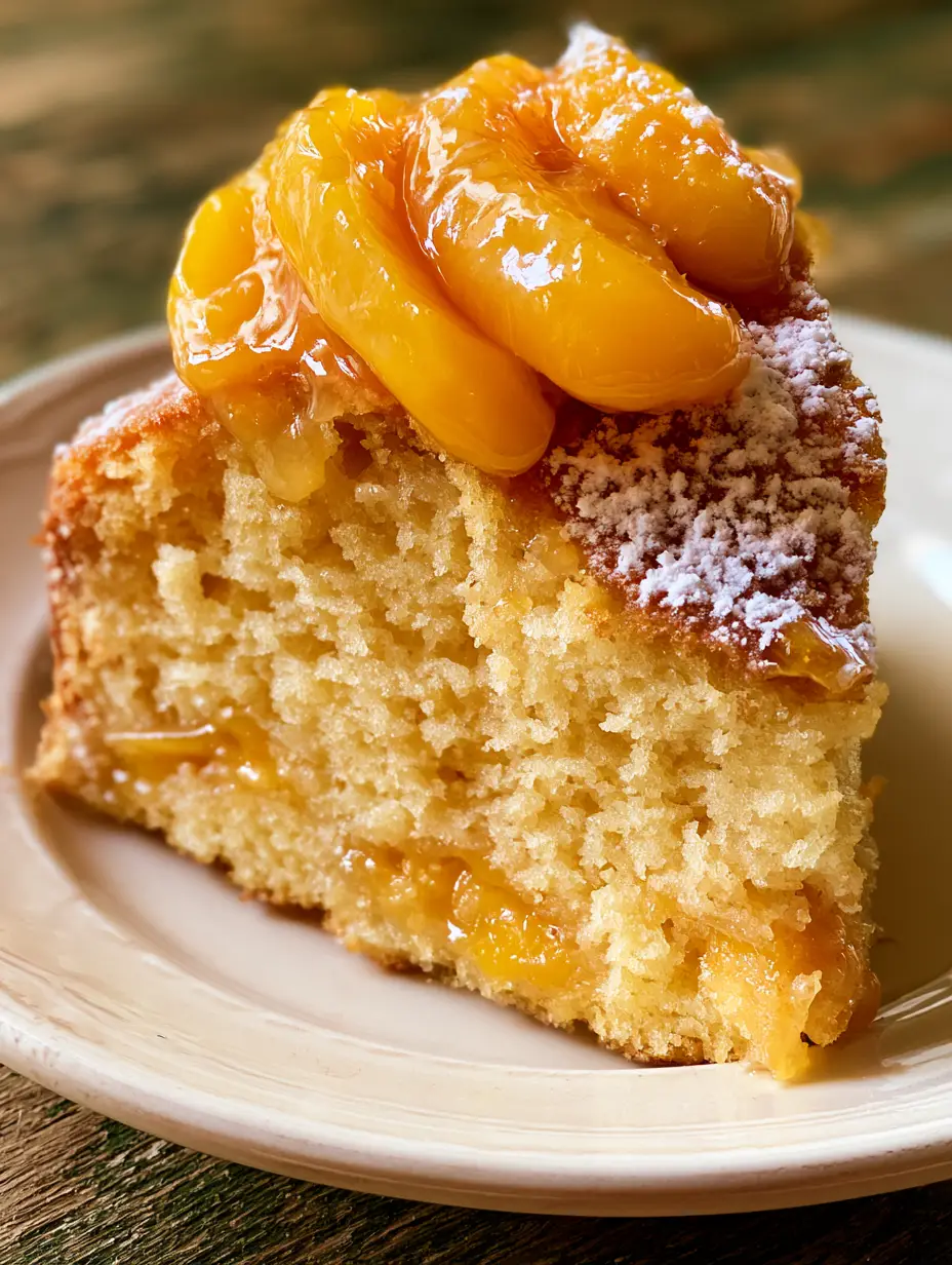 Peach Cake: The Ultimate Moist Summer Dessert with Honey-Glazed Fruit 3 Close up shot of a peach cake slice showing steam-softened peach chunks and vanilla bean flecks. (peach cake)