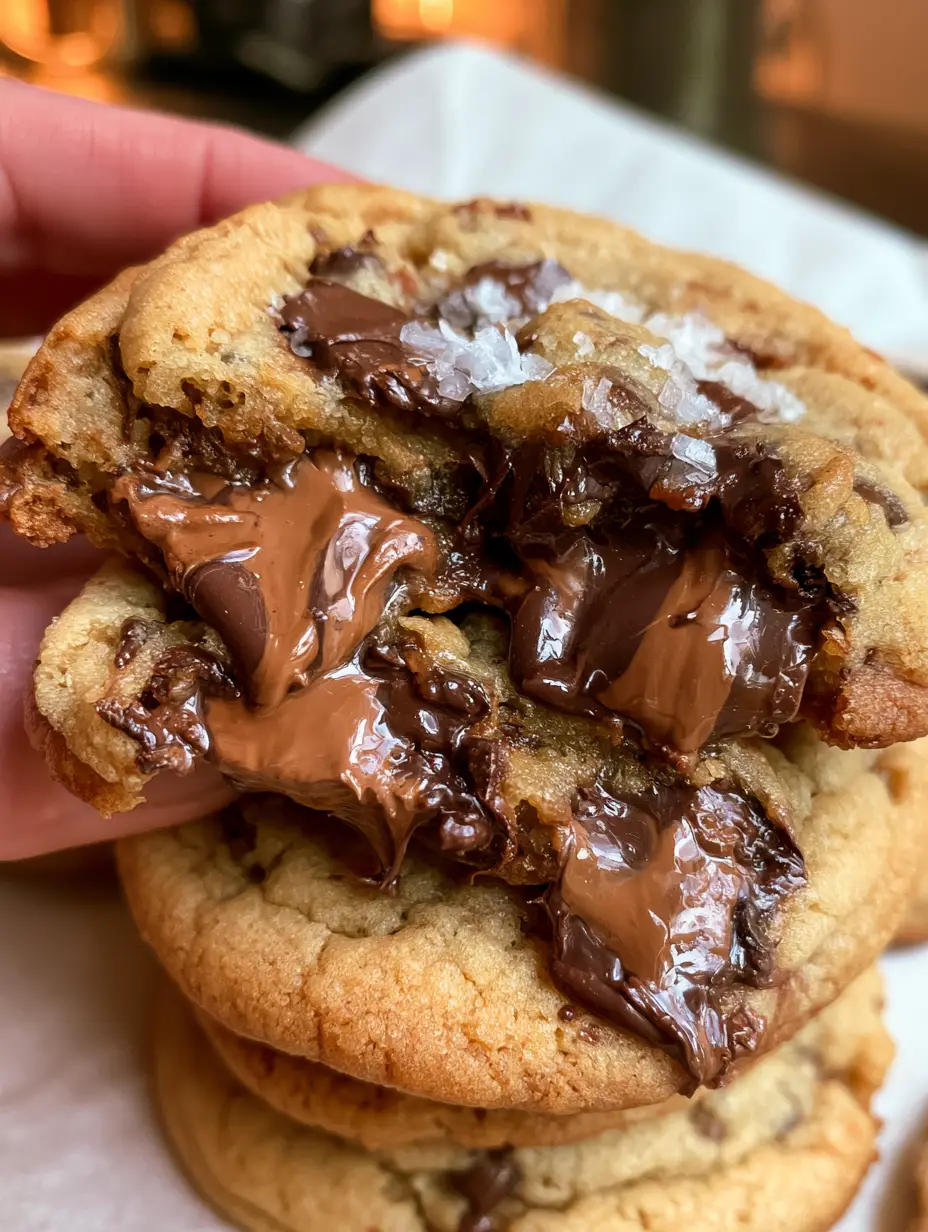 Chocolate Chip Cookies with Molten Triple Chocolate and Flaky Sea Salt 3 Extreme close up of a chocolate chip cookie with crinkly edges, molten dark chocolate chunks, and flaky sea salt crystals on parchment paper. (chocolate chip cookies)