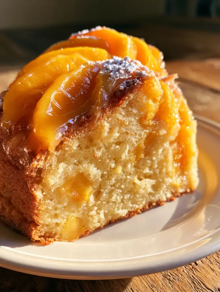 Peach Cake: The Ultimate Moist Summer Dessert with Honey-Glazed Fruit 1 Overhead view of a whole peach cake decorated with fanned orange peach slices and a honey glaze.