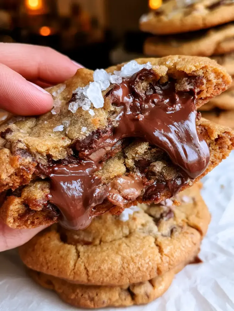Chocolate Chip Cookies with Molten Triple Chocolate and Flaky Sea Salt 1 A handheld photo of a thick cookie being broken in half, showing oozing dark and milk chocolate and a soft cookie center.