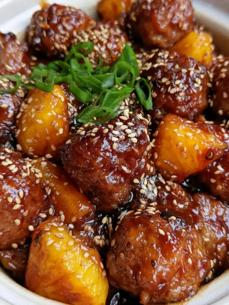 Teriyaki Pineapple Meatballs: The Ultimate Slow Cooker Sticky Glaze Recipe 2 Close-up of glistening dark brown teriyaki meatballs and vibrant yellow pineapple chunks in a ceramic pot. (teriyaki pineapple meatballs)