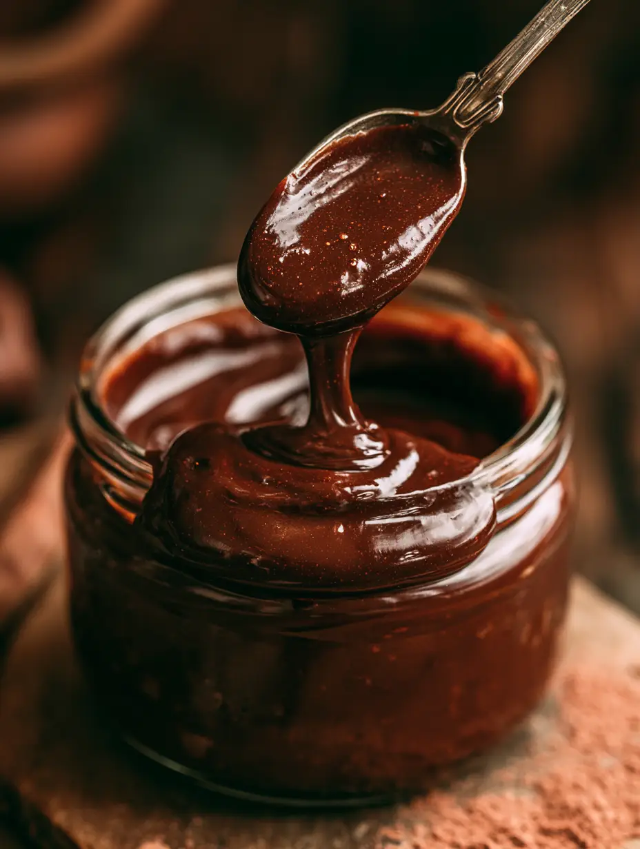 Chocolate Syrup: The Ultimate Glossy Dark Chocolate Sauce Recipe 3 A close-up handheld smartphone photo showing thick glossy dark chocolate syrup swirling into a rustic glass jar in a warm kitchen.