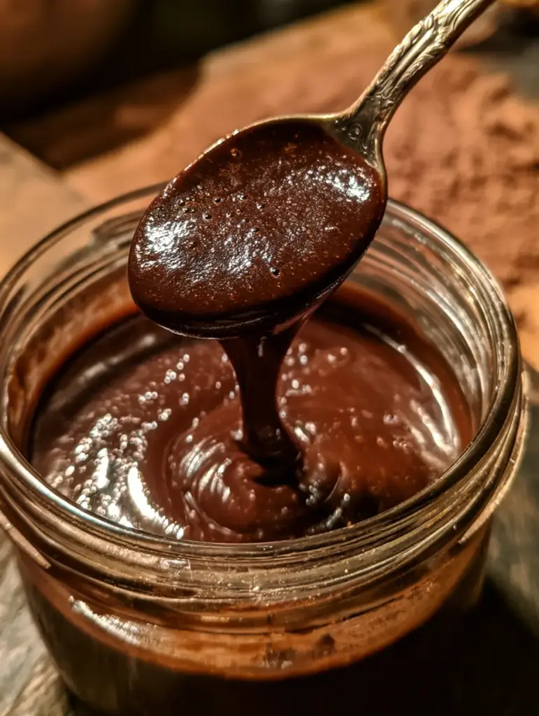 Chocolate Syrup: The Ultimate Glossy Dark Chocolate Sauce Recipe 1 Viscous dark chocolate syrup on a vintage silver spoon over a blurred wooden table with a dusting of cocoa powder.