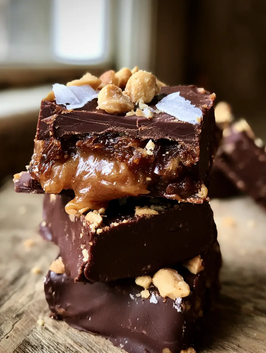 Date Snickers: The Ultimate Healthy Homemade Candy Bar 3 Close up macro shot of date snickers bars with matte dark chocolate and large salt flakes on a rustic wood surface. (date snickers)